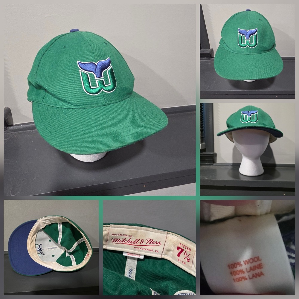 Hartford Whalers Hat Cap Fitted Mens 7 5/8 Green NHL Hockey Mitchell & Ness Wool